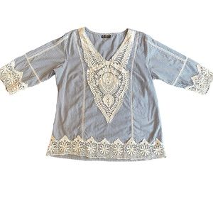 ⭐️Kanishka blue and white striped embroidered blouse size XL